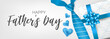 Happy Father's Day banner or header. Blue tie and gift box. Vector illustration.