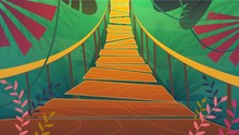 Suspension Bridge In A Jungle Cartoon Background Of Summer Exotic Nature , Bright Colours Funny And Happy Travel Vertical Vector Illustration