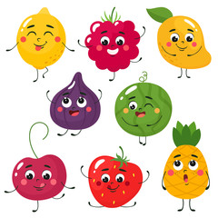 Wall Mural - Set of cute cartoon fruits. Vector isolates in cartoon flat style on a white background.