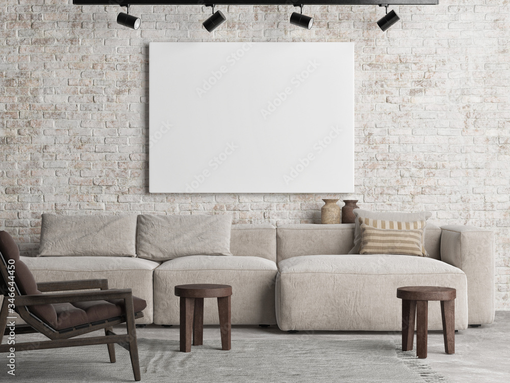 View of Mockup poster on the brick wall, Scandinavian Living room design, the ...
