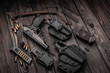 © solidmaks - Traumatic pistol and accessories with ammunition for it. Russian gun on wooden back.