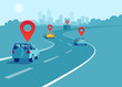Vector of cars and trucks driving on a highway with geo location signs.