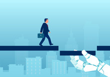 Vector Of A Business Man Walking On The Way With Robot Hand Offering Support On His Pathway