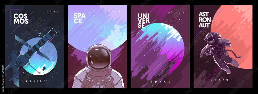 A set of vector illustrations. Posters and backgrounds about the space and the universe. Space odyssey, space, astronaut, planets. - obrazy, fototapety, plakaty 