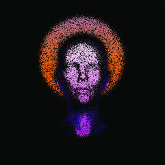 Aufkleber - Human female head with halo or aureola made of particles. Concept of Church of Artificial Intelligence, Futuristic religion, Cyber Goddes.