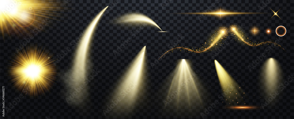 Set of Spotlight isolated on transparent background. Vector glowing light effect with gold rays and beams.  Bright gold flashes and glares. Bright rays of light. Glowing lines. Vector illustration. - obrazy, fototapety, plakaty 