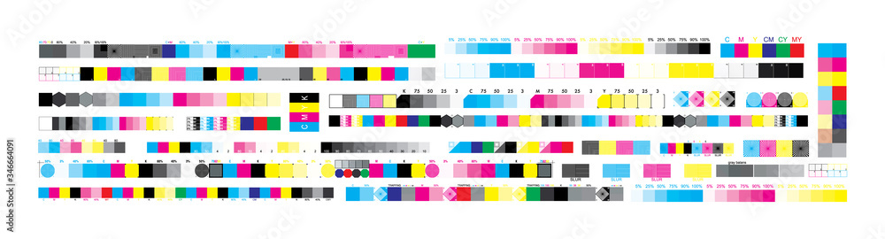 CMYK print test control scales. Vector set color bar CMYK and test chart offset. Print control strips color cmyk for prepress and print. - obrazy, fototapety, plakaty 