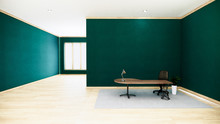 Empty Green Conference Room Interior With Wood Floor On White Wall Background - Empty Room Business Room Interior. 3d Rendering