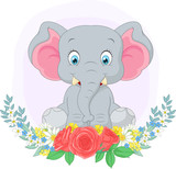 Fototapeta Pokój dzieciecy - Cartoon cute elephant sitting with flowers background