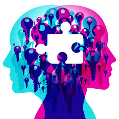 Wall Mural - A Male and Female side silhouette profile overlaid with various blending semi-transparent key shapes. Overlaid in the centre is a solid white Jigsaw piece icon representing a lost opportunity.
