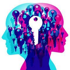 Wall Mural - A Male and Female side silhouette profile overlaid with various blending semi-transparent key shapes. Overlaid in the centre is a solid white key icon.