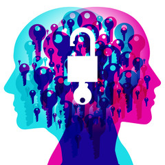 Wall Mural - A Male and Female side silhouette profile overlaid with various blending semi-transparent key shapes. Overlaid in the centre is a solid white “OPEN” Padlock icon.