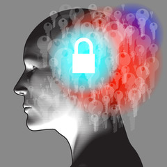 Wall Mural - A person profile overlaid with various blending semi-transparent keys, overlaid with a white glowing padlock.