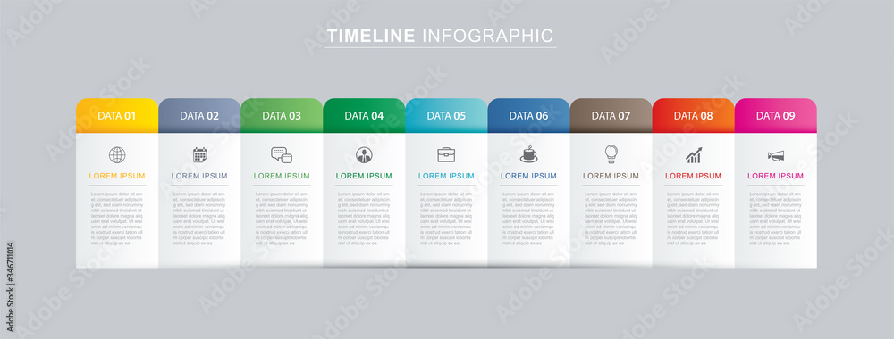 9 data infographics tab paper index template. Vector illustration abstract background. Can be used for workflow layout, business step, banner, web design. - obrazy, fototapety, plakaty 