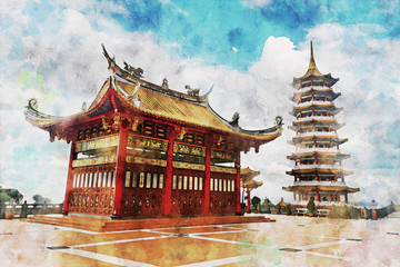 Watercolor of a red chinese pagoda or temple at high mountain hill under a cloudy sky, Cameron Highland, Malaysia