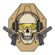 Skull shooter on the background of the target, glasses, headphones and two pistols.