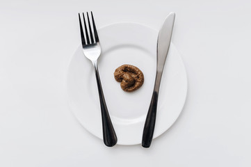 Plastic excrement of a cat lies on a white plate between a fork and a knife close-up. The concept of an inept cook, a crappy restaurant, bad food, a taste of shit. Bad smelling joke.