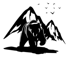 bear silhouette white background, mountain behind, birds in sky