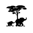 Silhouette of elephant and tree on white background.