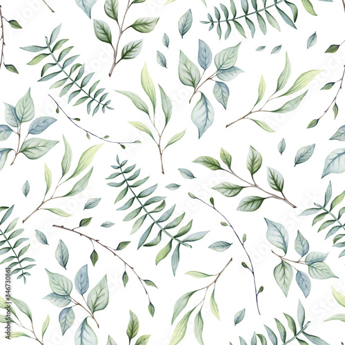 Seamless Pattern of Watercolor Ferns and Tree Branches