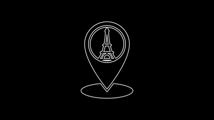 Wall Mural - White line Map pointer with Eiffel tower icon isolated on black background. France Paris landmark symbol. 4K Video motion graphic animation