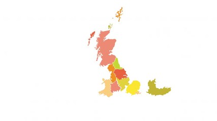 Wall Mural - Animated map of United Kingdom showing administrative regions. UK map with color federal states appearing and fading one by one. Detailed political country map with divisions. 4K resolution