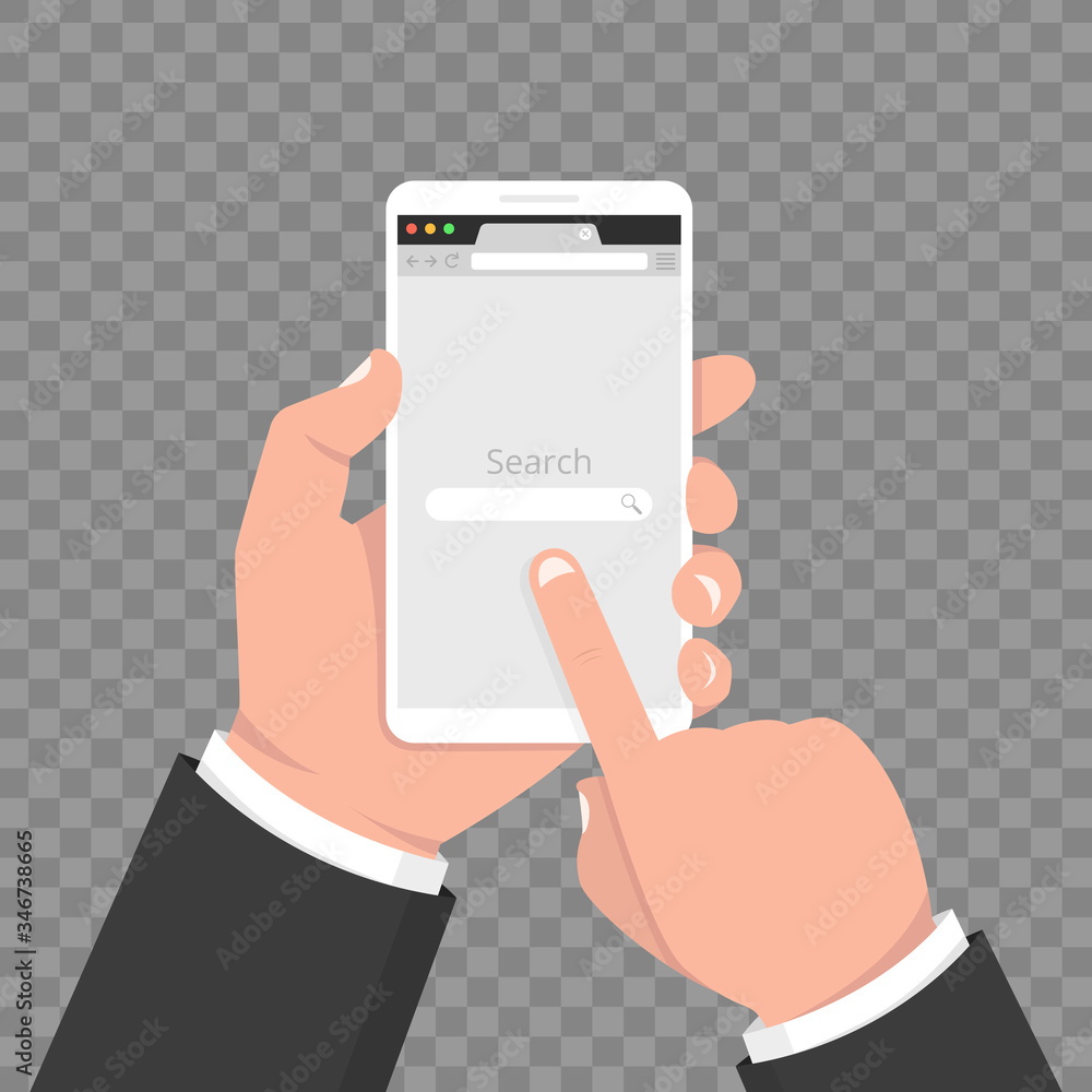 Hand holds smartphone with internet browser window on a screen. Web ...