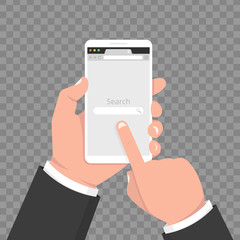 Wall Mural - hand holds smartphone with internet browser window on a screen. web browser blank template in a flat