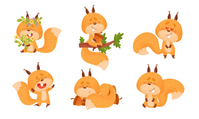 Wall Mural - Cute Squirrel Character Doing Different Activities Vector Set