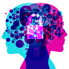 Wall Mural - A Male and Female side silhouette profile overlaid with various blending semi-transparent jigsaw shapes. Overlaid within the centre is a semi glowing unlocked padlock.