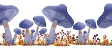 Watercolor Hand Drawn Seamless Horizontal Border Of Poisonous Dangerous Mushroom Illustration Of Webcap Fungi With Purple Violet Caps In Fall Autumn Forest Wood Grass Nature Lovers Halloween Design