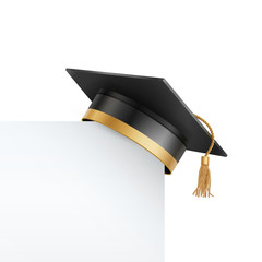 Wall Mural - Graduate college, high school or university cap isolated on white background. Vector 3d degree ceremony hat with white paper banner. Black educational student symbol and blank frame