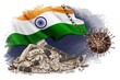 National debt India. Global money loss problem,crisis and bankruptcy risk, budget recession. Wrecking coronavirus ball on chain hangs near cracked bank. crack business, economy.