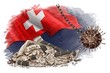 National debt Switzerland. Global money loss problem,crisis and bankruptcy risk, budget recession. Wrecking coronavirus ball on chain hangs near cracked bank. crack business, economy.