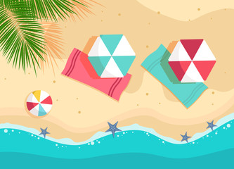 Vector beach with waves, umbrellas, bright towels vector background