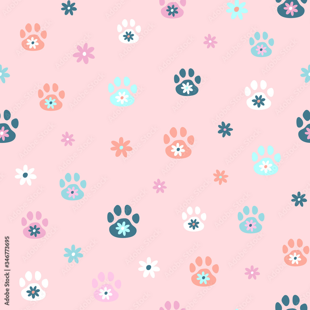 Seamless vector pattern with cute cat or dog paws and flowers. Animal ...