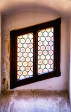 Lead Glass Decorative Window In Wooden Frame.