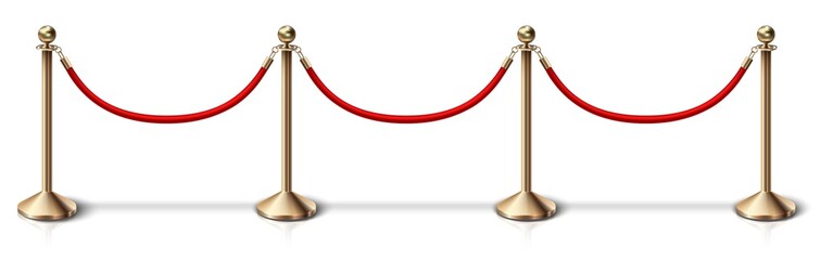  vector fence golden rope barrier with red velvet rope. Isolated on white background.