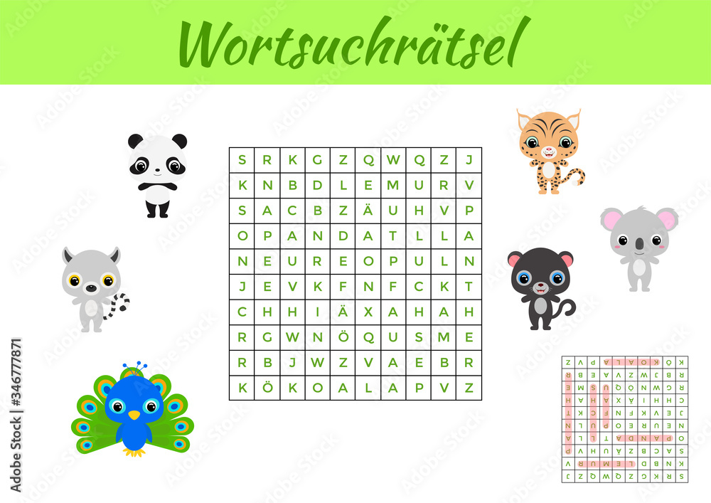Wortsuchrätsel - Word search puzzle. Clip cards game template. Kids