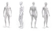 White plastic male mannequin for clothes. Set from the side, front and back view. Commercial equipment for shop windows. 3d illustration isolated on a white background.