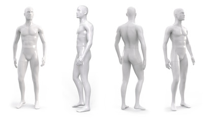 white plastic male mannequin for clothes. set from the side, front and back view. commercial equipme