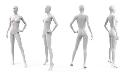 white plastic female mannequin for clothes. set from the side, front and back view. commercial equip