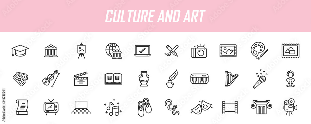 Set of linear culture icons. Art icons in simple design. Vector illustration - obrazy, fototapety, plakaty 