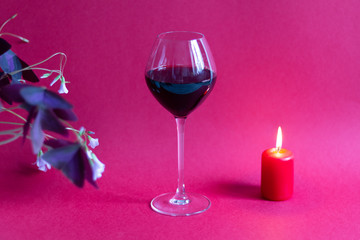 Red wine glass, pot plant leaves and flowers, burning candle on pink background