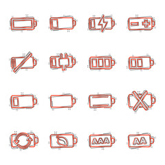 Wall Mural - Battery charge icon set in comic style. Power level cartoon vector illustration on white isolated background. Lithium accumulator splash effect business concept.