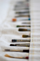 A selection of paintbrushes in a canvas holder. 