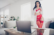 © deagreez - Photo of tempting slim hot sensual lady work home private online notebook chat undressing show body play seduce nurse role take off lab coat put on flu mask look screen wear red bikini room indoors