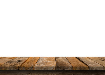 Wall Mural - brown empty wooden table top isolated on white background, used for product placement or wooden boar