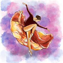 Illustration Of A Color Sketch In A Watercolor Style Of A Dancer In A Black Orange Dress In Motion On A Purple Violet Background With Watercolor Stains.