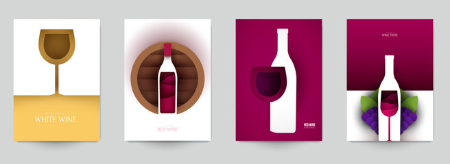 Wall Mural - Collection colorful template cover for wine. Abstract art composition in modern geometric papercut style. Minialistic concept design for branding banner, flyer, book, menu, card. Vector illustration.